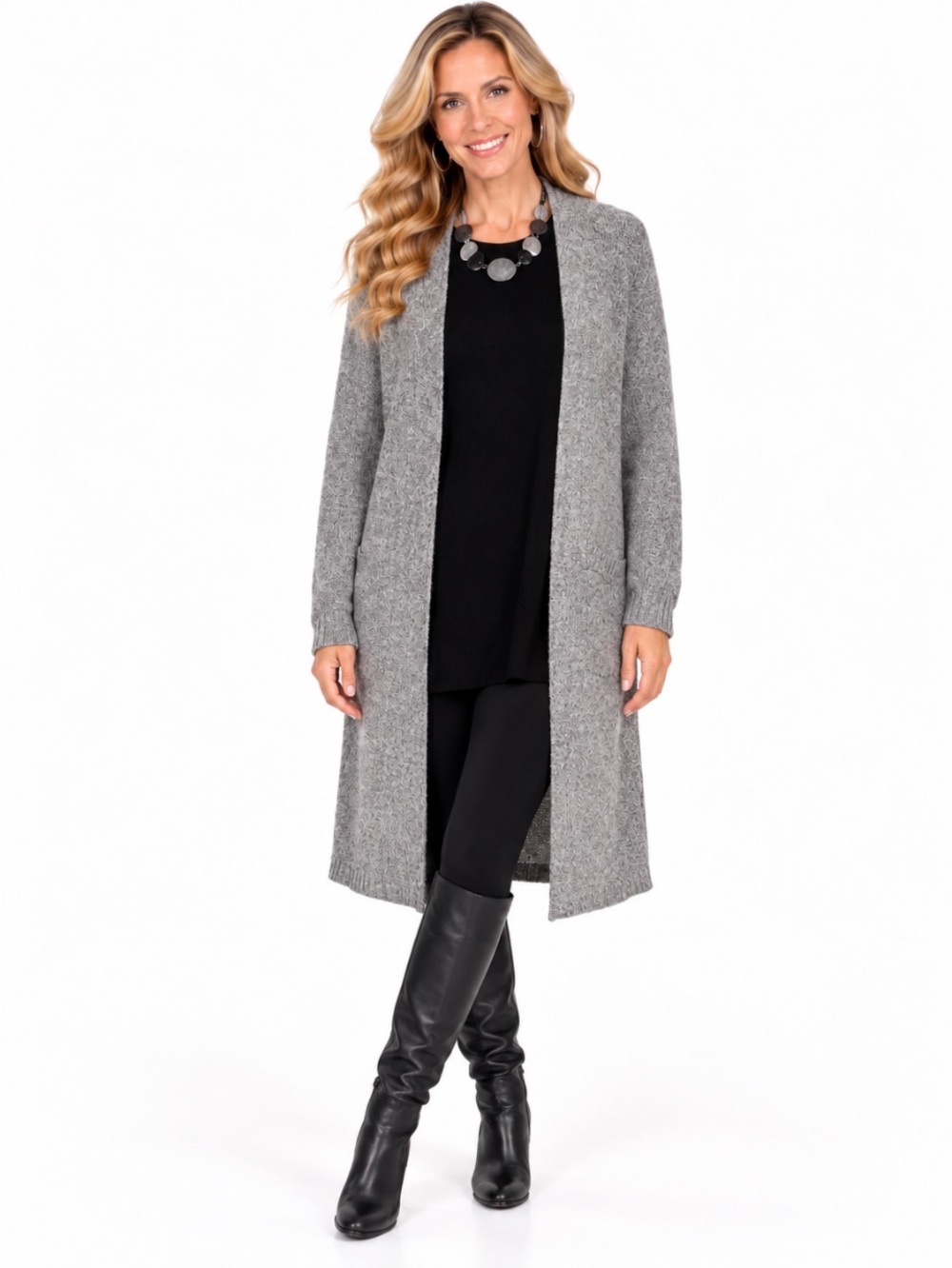 LOVE RYAN “Los Angeles” Cozy Open-Front Gray Knit Cardigan Size: Large